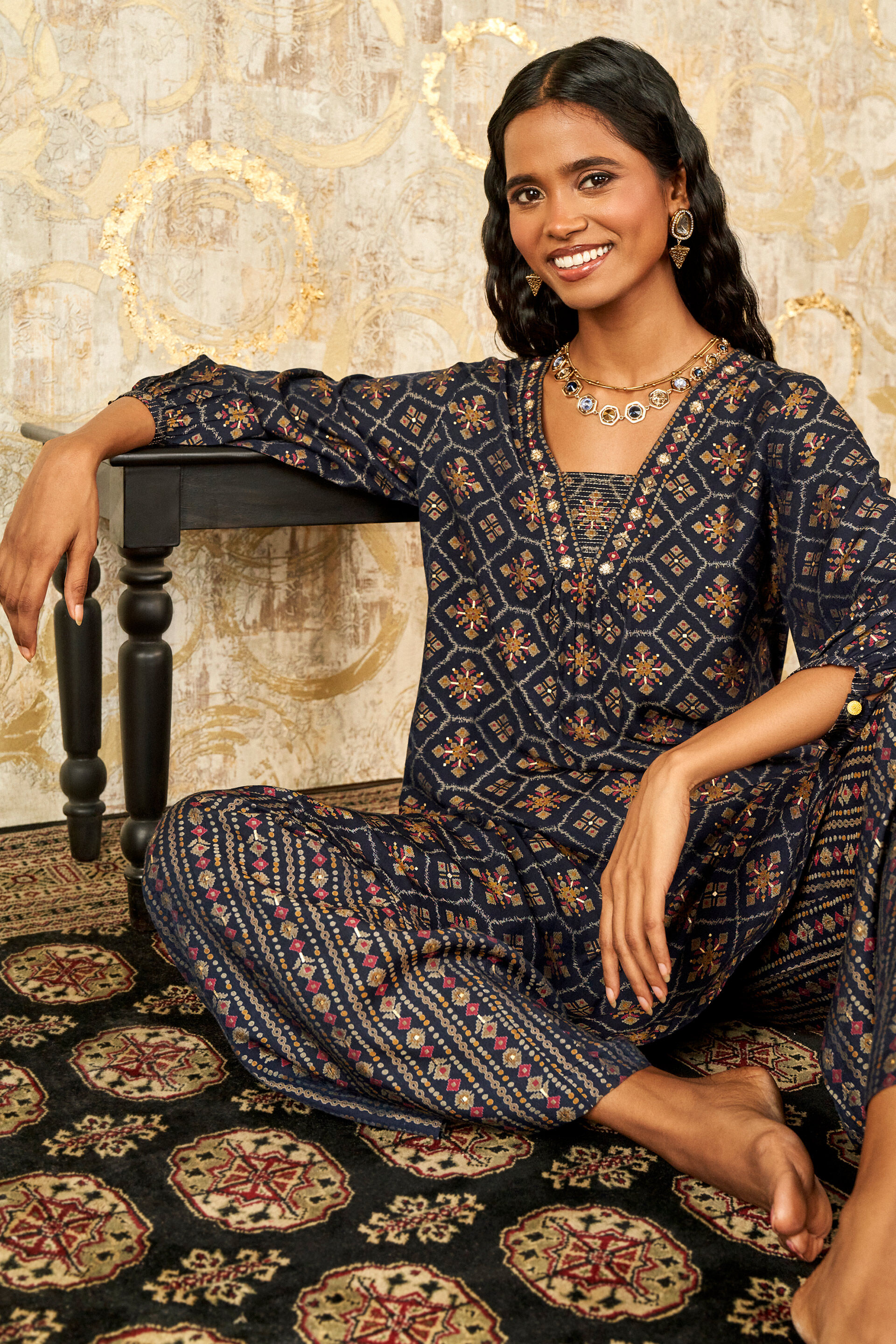 Buy our Navy Ethnic Motifs Straight Set 2 online from globaldesi.in SC FW23GM0772PMUS